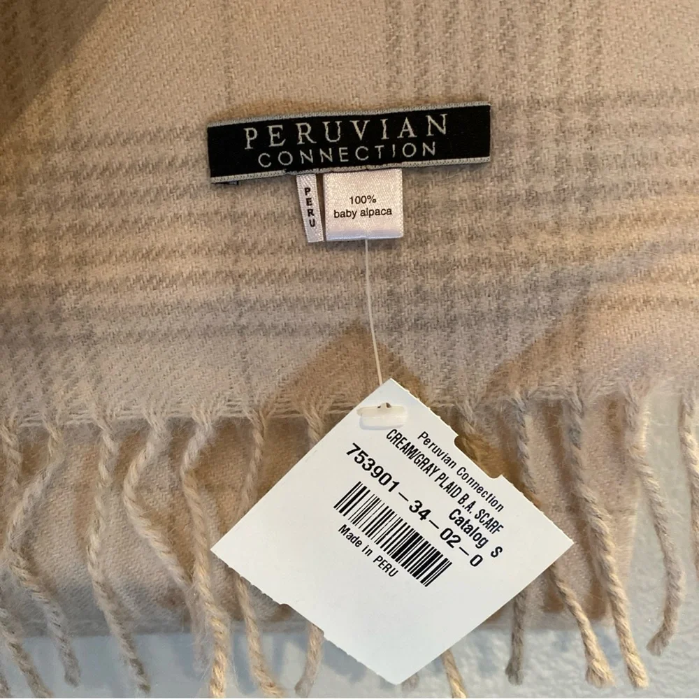 NWT Peruvian Connection Scarf Cream/Gray Plaid‎ 100 % Baby Alpaca 12x66”
